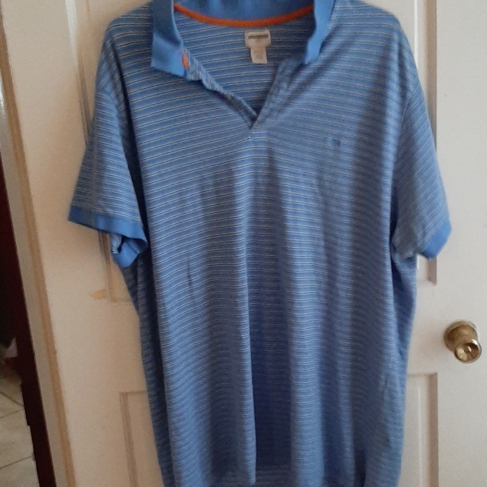 Men's 4x polo blue.an brown striped shirt.